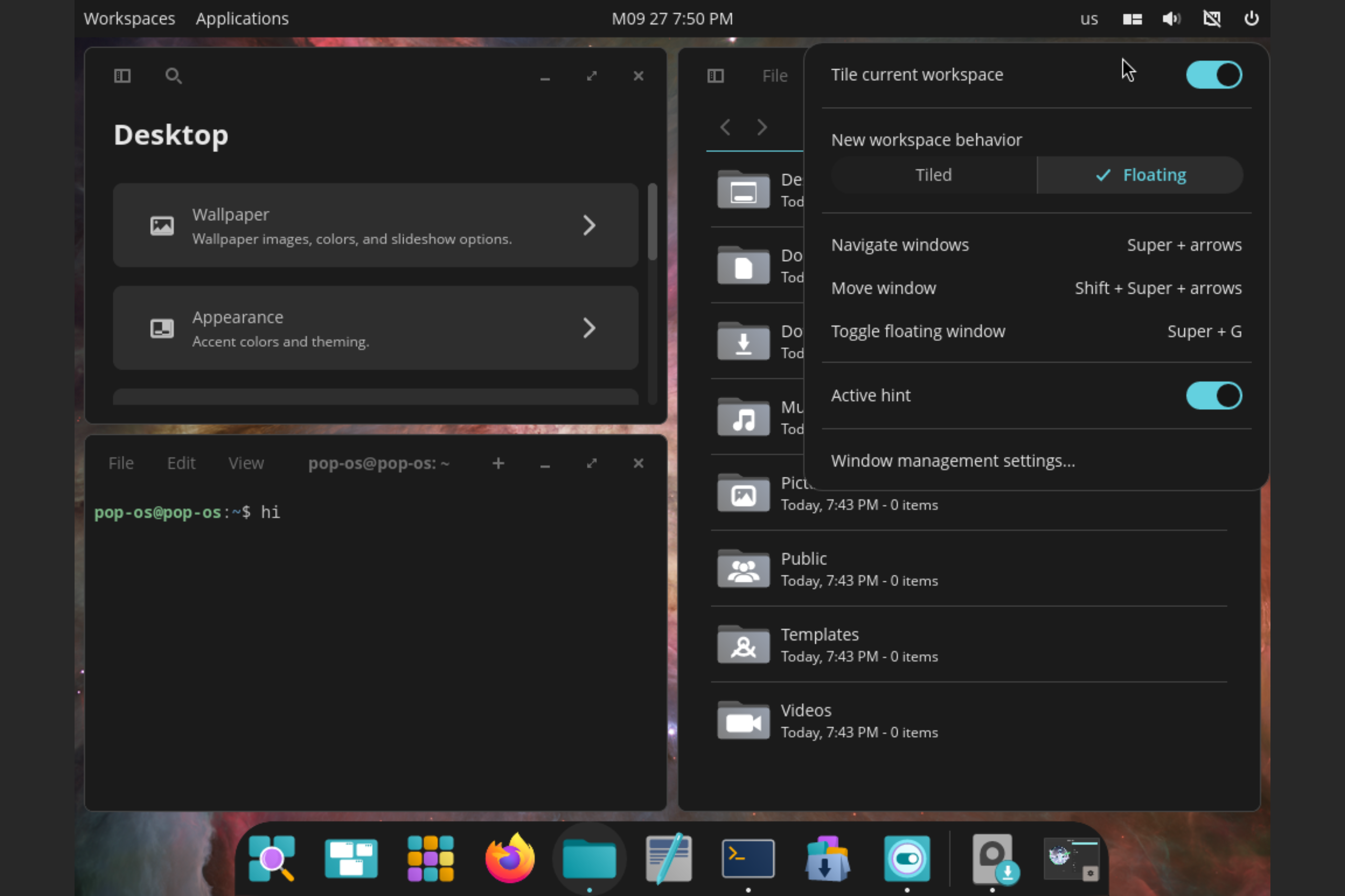 An image of the COSMIC desktop having Termial, Setting, and File Manager open at the same time and are titled. Have a pop up for controlling if the windows should be floating or tiled on top right.