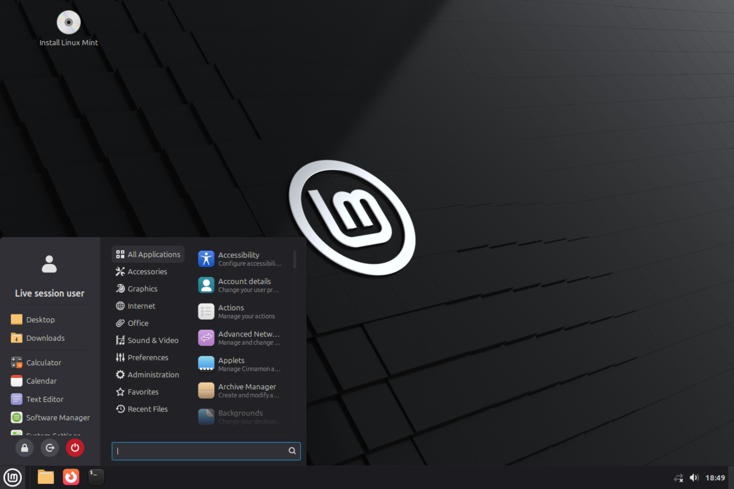 An image of the Cinnamon desktop with the start menu opened