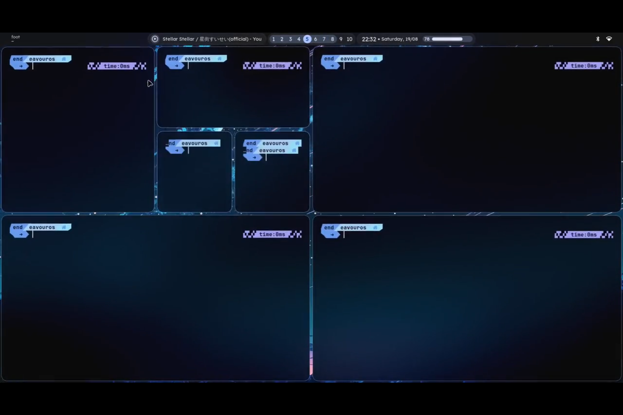 An image of the Hyprland windows manager with a lot of terminal tiled